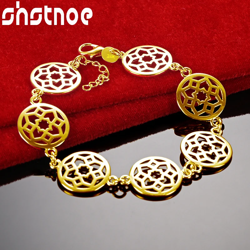 New Arrivals Exquisite 24K Gold Bracelets Woman Cute Round Hollowed Flowers Chain Bracelet Party Wedding Fashion Jewelry Gifts