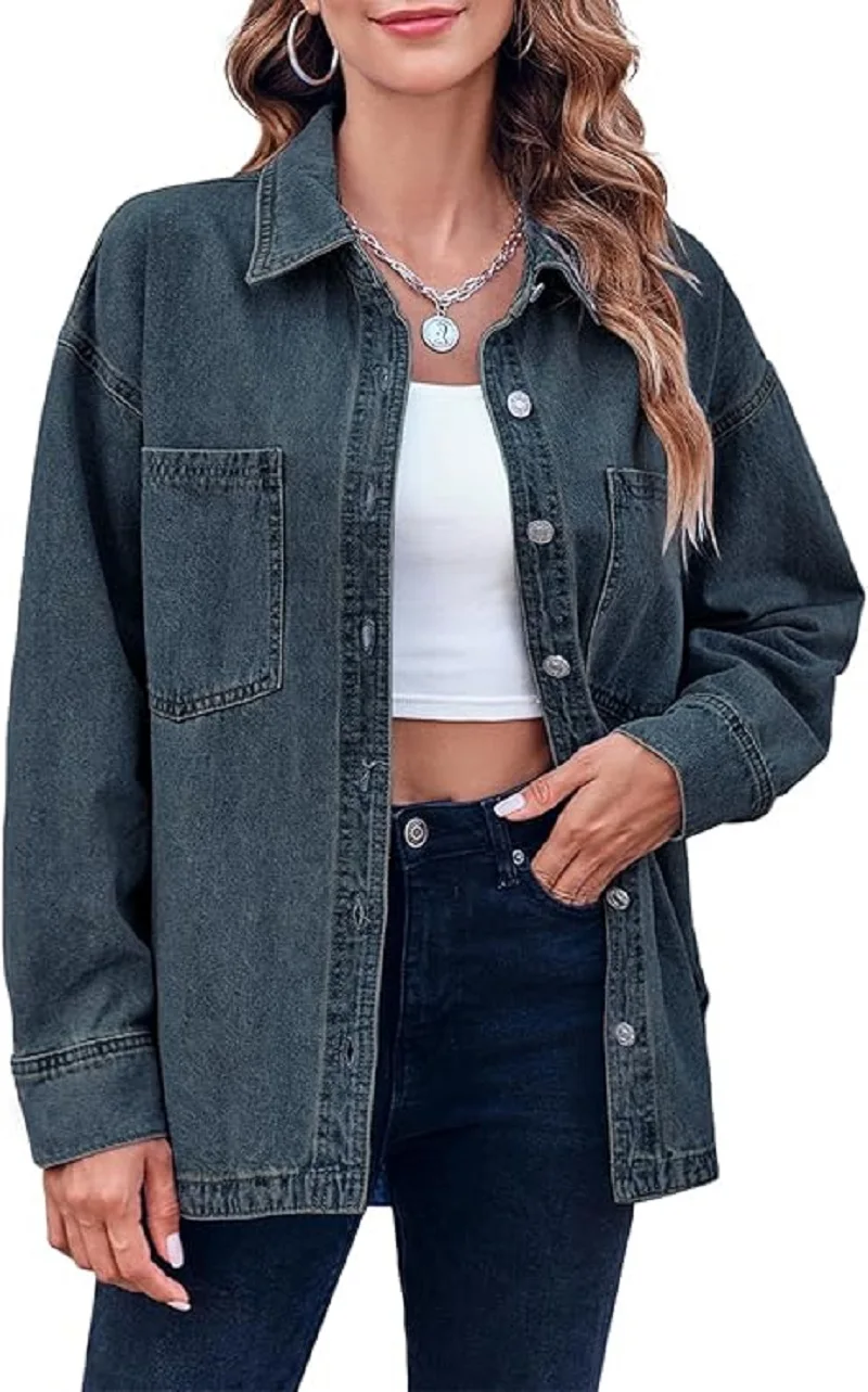 Vintage Women's Oversized Denim Shirts And Blouses 2024 Autumn Long Sleeve Button Down Boyfriend Jean Jacket With Pockets