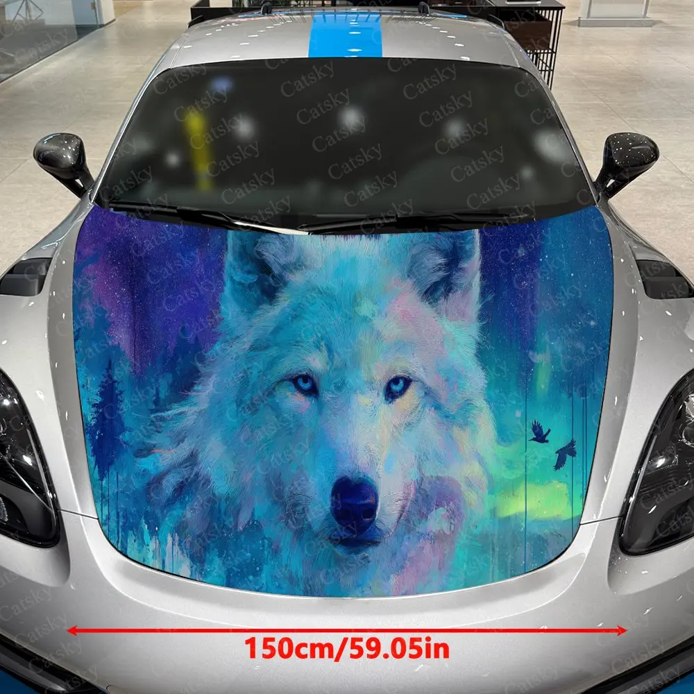 Wolf & Starry Aurora Forest Car Vinyl Wrap, PVC Waterproof Car Hood Sticker, Self-Adhesive Scratch-Resistant Stickers