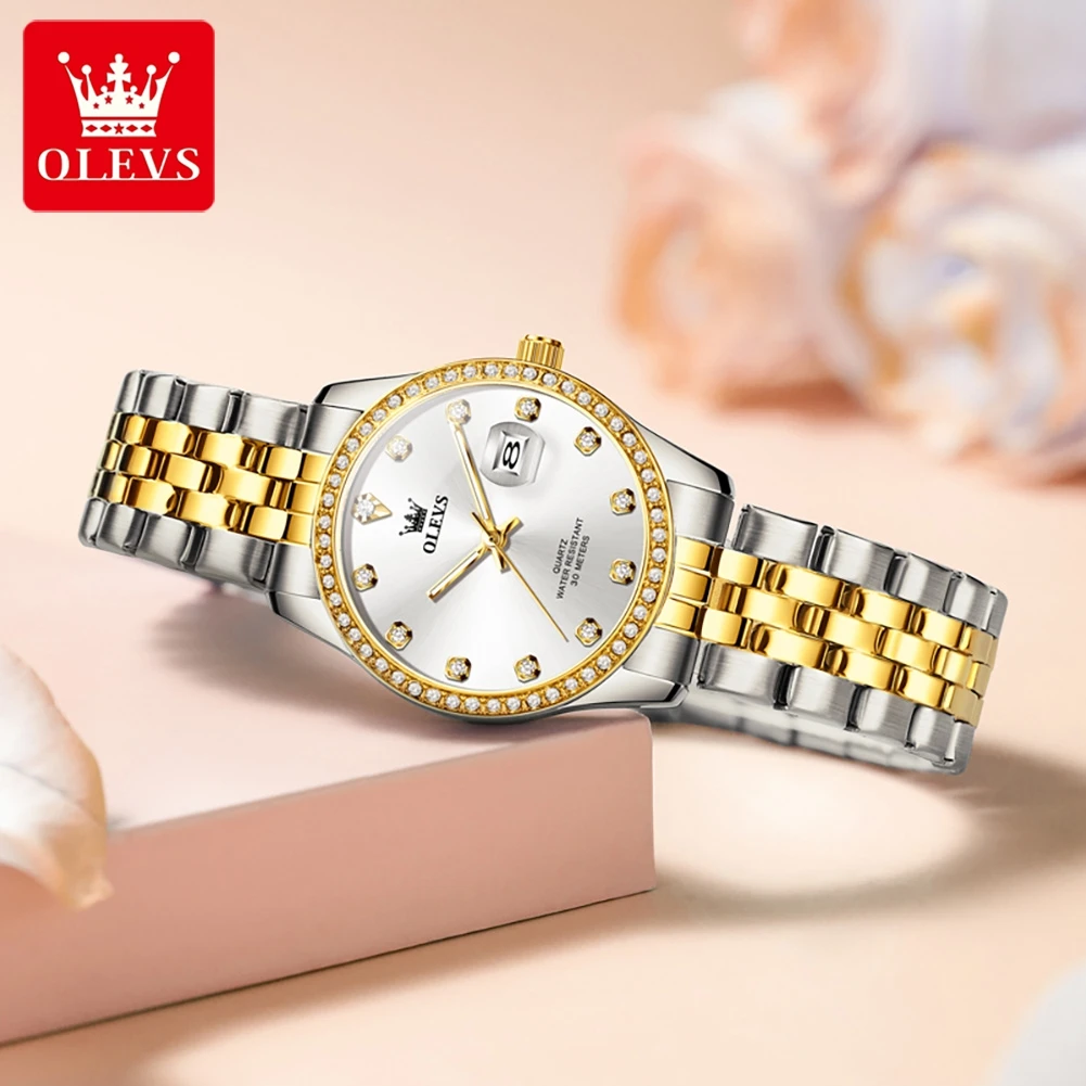 OLEVS 3629 Diamond Women Watch Luxury Brand Original Quartz Watch Stainless Steel Waterproof Luminous Calendar Women Watch Gift