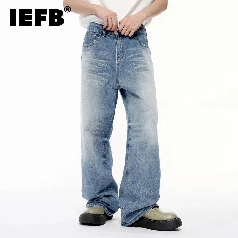 

IEFB New Fashion Men's Denim Pants Casual Worn-out Washing Wide Leg Jeans Vintage Loose Straight Male Trousers Summer 9C6395