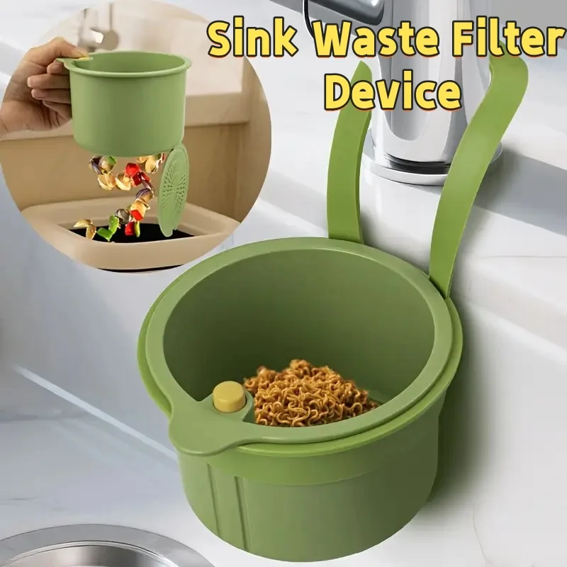 One-Touch Press Drain Basket, Removable Sink Strainer, Kitchen Bathroom Filter Holder for Food Residue Sponge Soap Storage