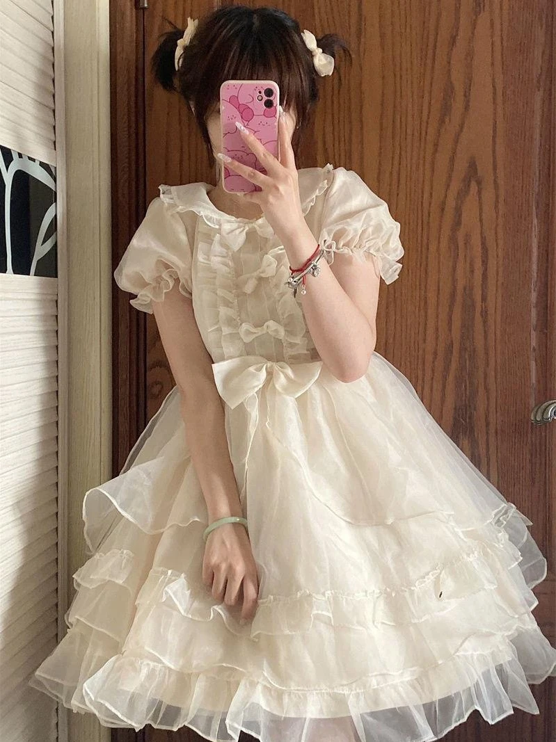 Robe mignonne de version de fil de jupe de Lolita, arc monochromatique, printemps et automne