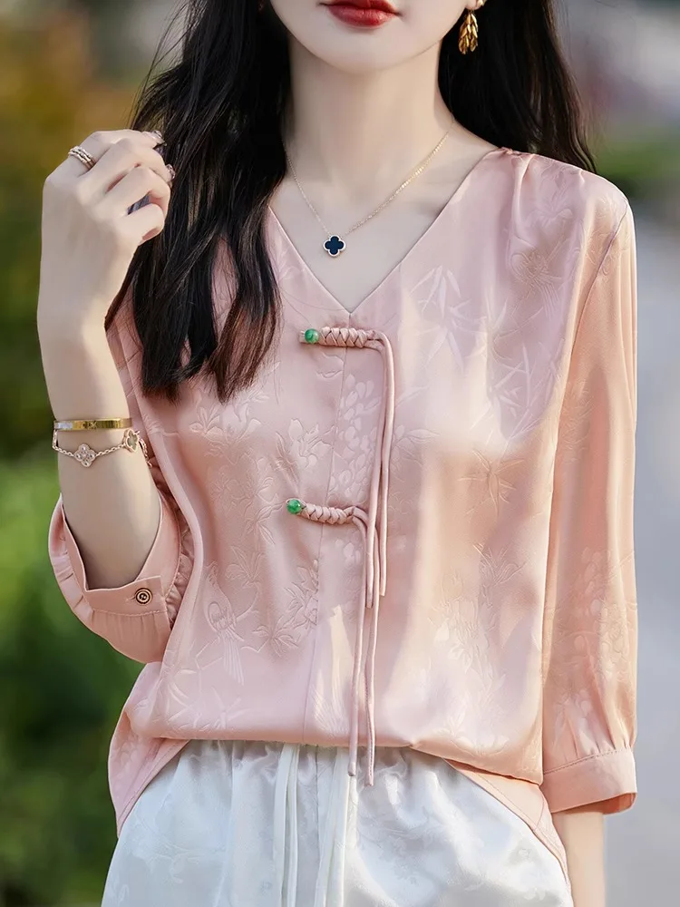 Ele ort Sve Women's Top Silk Tussah Embroidery Button  Haute Couture Summer Fine Chinese Sle V-ne T-irt