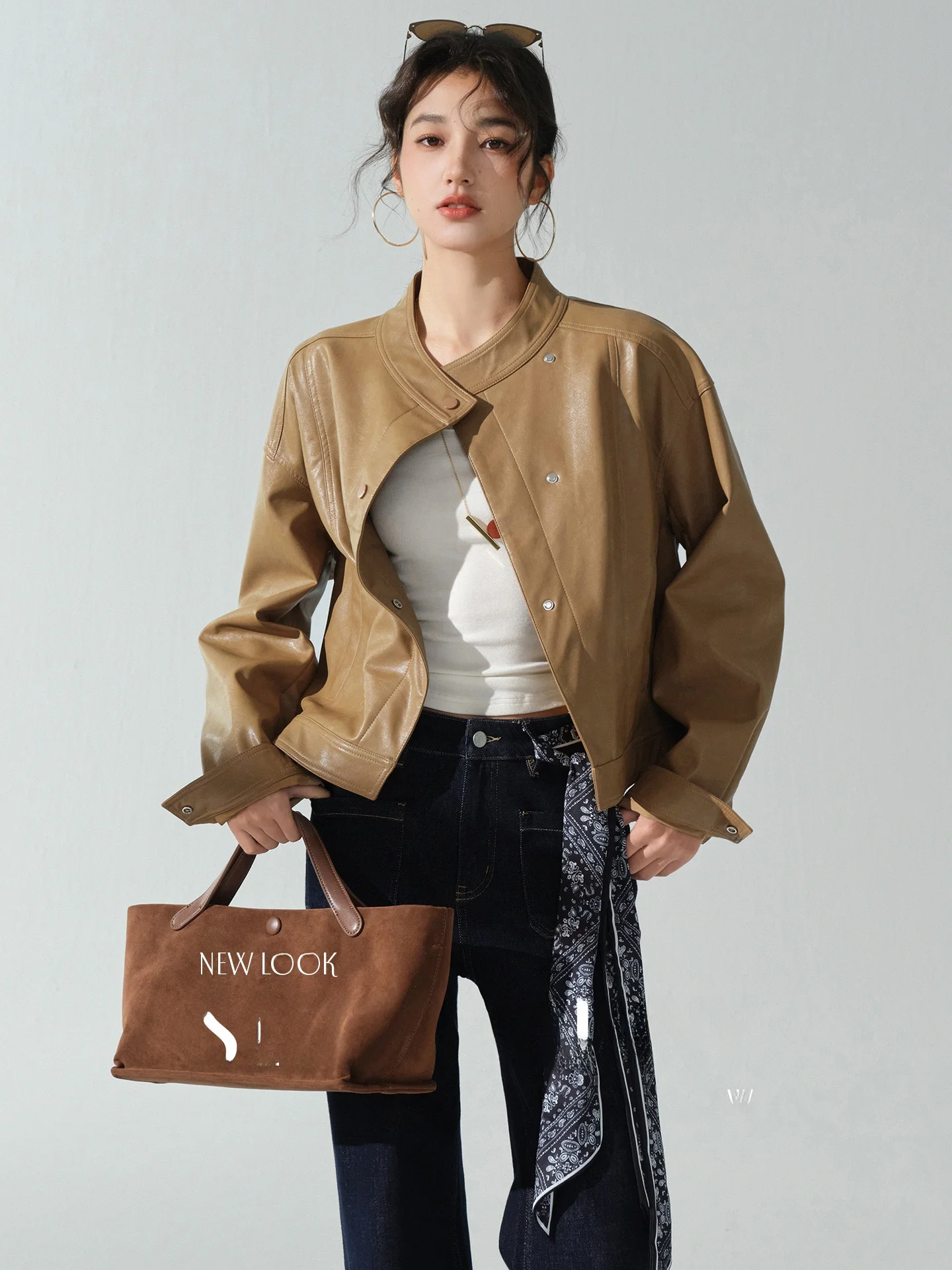 

bunny Casual Sle ort Leather Jaet Women's Stand Collar PU Coat Vintage Design Autumn Faion Ladies' Outerwear