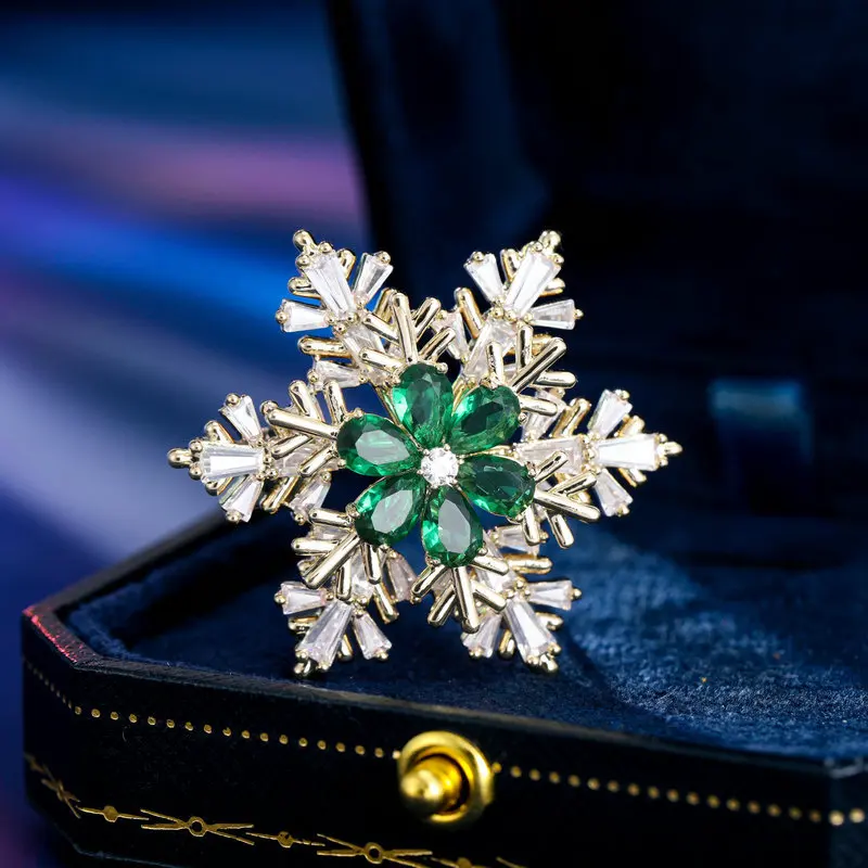 Chinese Style Lucky Blessing Rotatable Double Layer Snowflake Brooch Copper Inlaid Zircon Elegant Winter Suit Coat Accessory Pin
