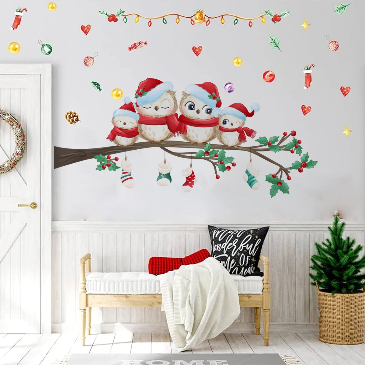 

Cartoon Owls Socks on Tree Branch Wall Stickers Child Room Kinds Room Window Playroom Holiday New Year Living Home Decor Gift