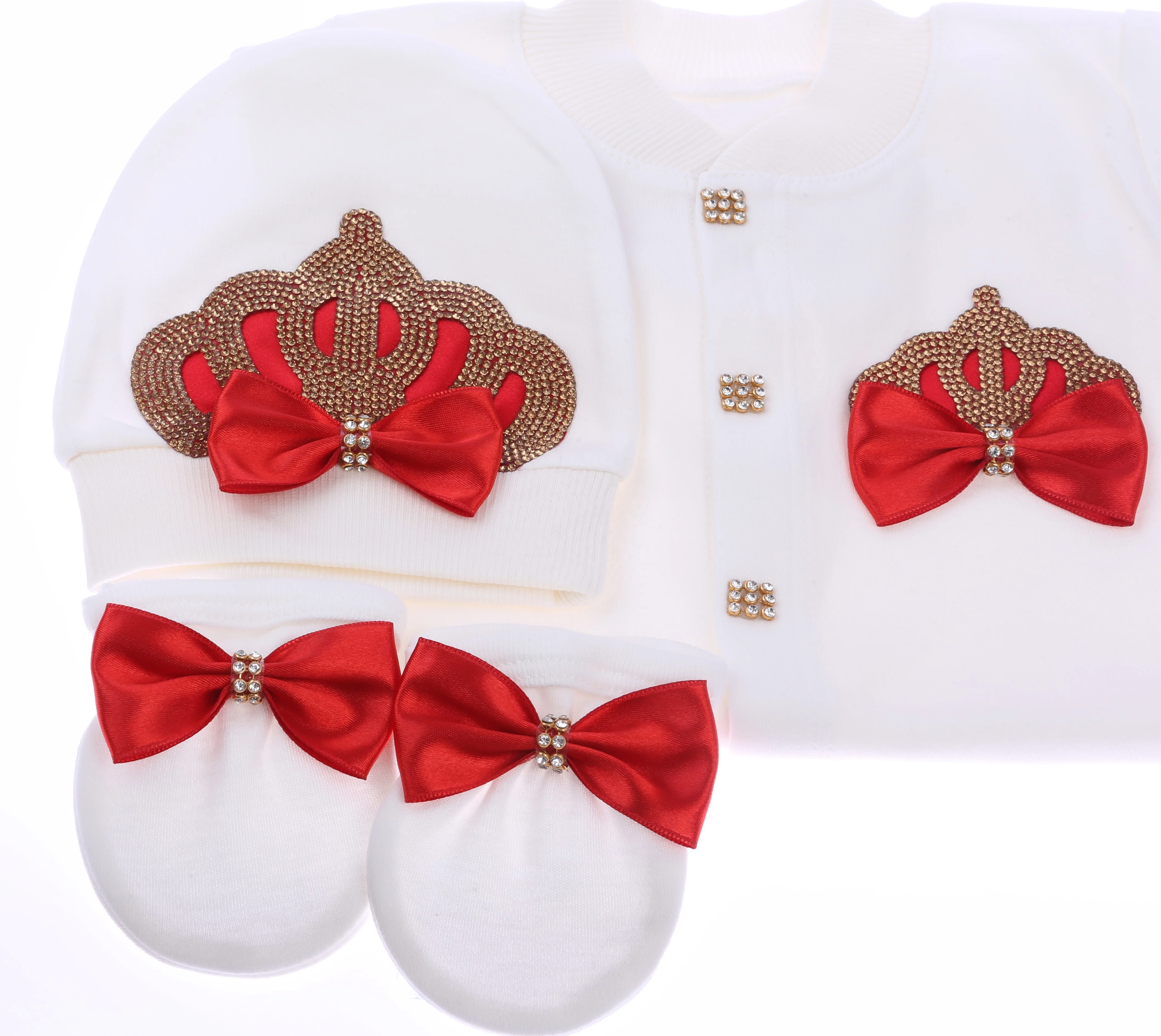 Newborn Baby Footed Romper 0-9 Months 4Pcs Off White Bright Red Gold Rhinestone Crown Bow Long Sleeve Jumpsuit Royal Boutique