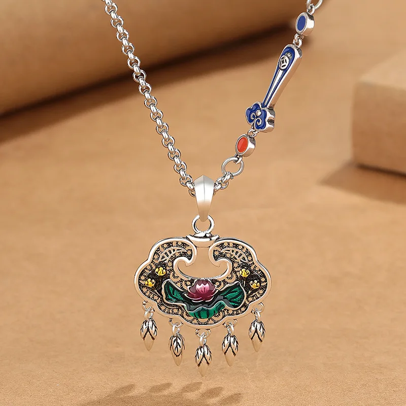 

Высококачественное цветное эмалированное ожерелье с замком в виде лотоса, женские ювелирные изделия, модное ожерелье с подвеской в виде капельного клея, мастерство для женщин