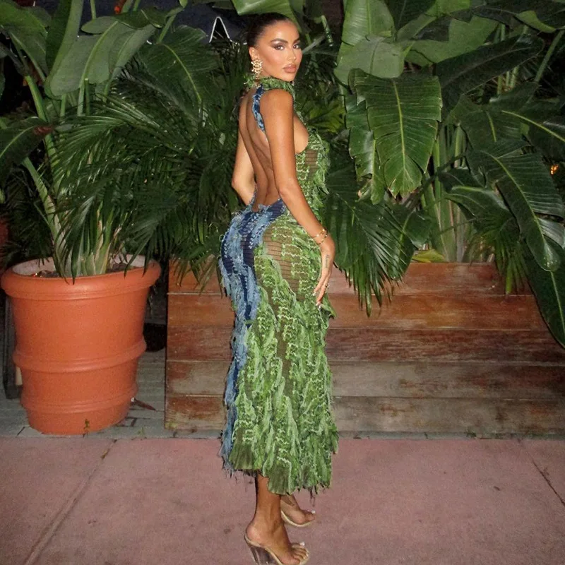 Sorella Star Fashion Collo alto Sexy Hottie Hollow Backless Vita alta Nappa Splicing Dress Abiti da festa da discoteca all'ingrosso