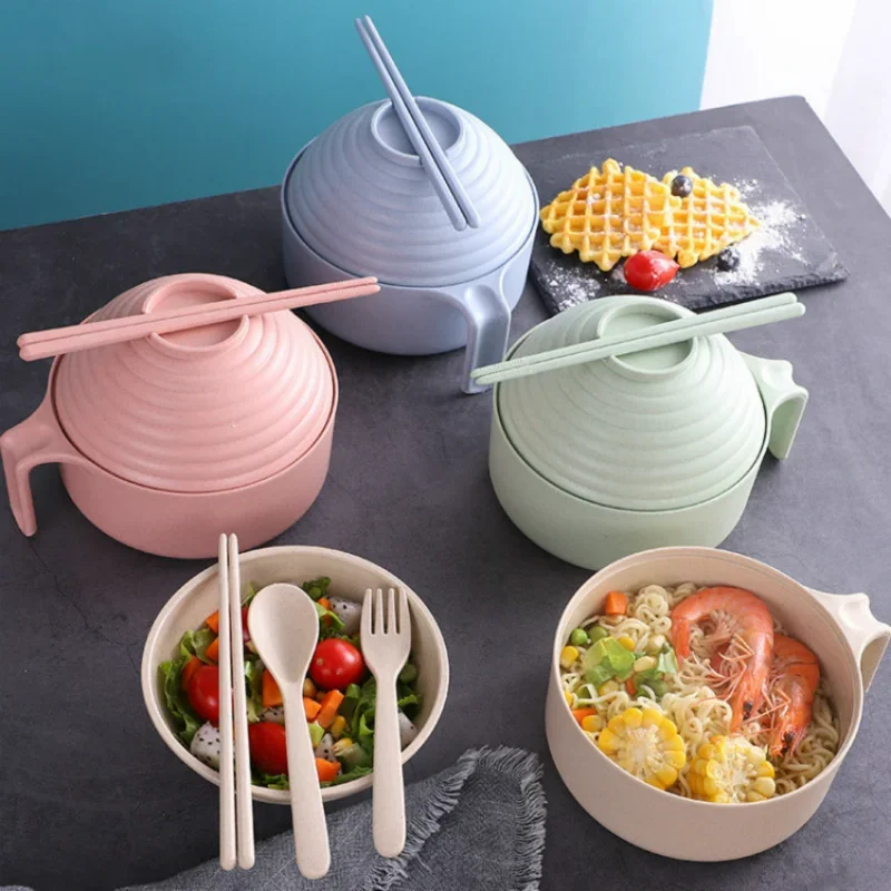 Large Capacity Wheat Straw Rice Bowl Anti Drop Design With Lid Complete Tableware Set Portable Soaked Noodle Bowl Home Dormitory view 2