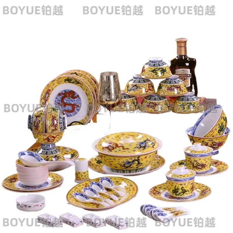 Jingdezhen Bone China Dinnerware Set Pastel Dragon Rice Bowl Plate Spoon Chinese Style Tableware Gift for Home Dining