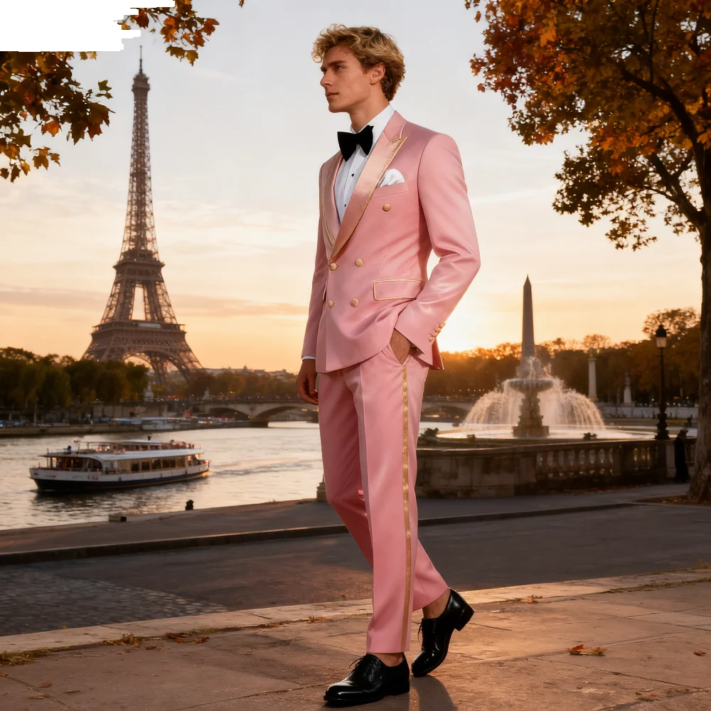 

Double-Breasted Outfit Set for Men, Peak Lapel, Wedding Business, Casual Stage Costume, Graduation Suit, Solid, 2 Pcs