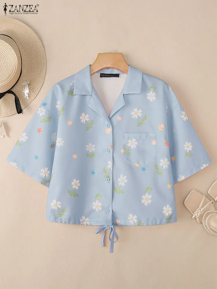 2025 zanzea boêmio verão floral impressão camisas blusas femininas manga curta casual túnica topos solto bandagem lapela moda blusas