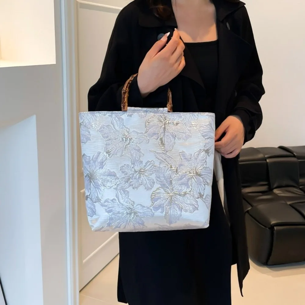

Canvas Jacquard Tote Bag Cheongsam Accessories Bamboo Joint Handheld Chinese Style Handbag Zipper Closure Large Capacity