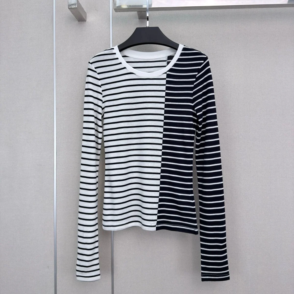 2026 high-quality women's left and right color blocked striped round neck long sleeved base shirt--2691974