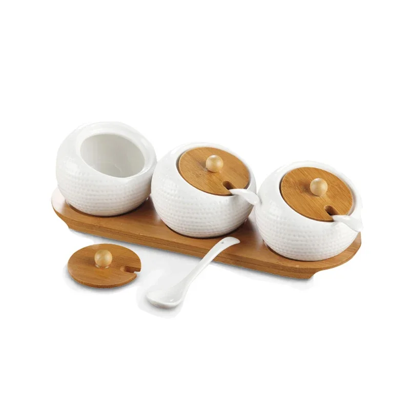 3pcs Set Ceramic Salt Paper Jar with Spoon Wooden Tray Seasoning Box Seasoning Bottle Sugar Jar Household Salt Kitchen Supplies