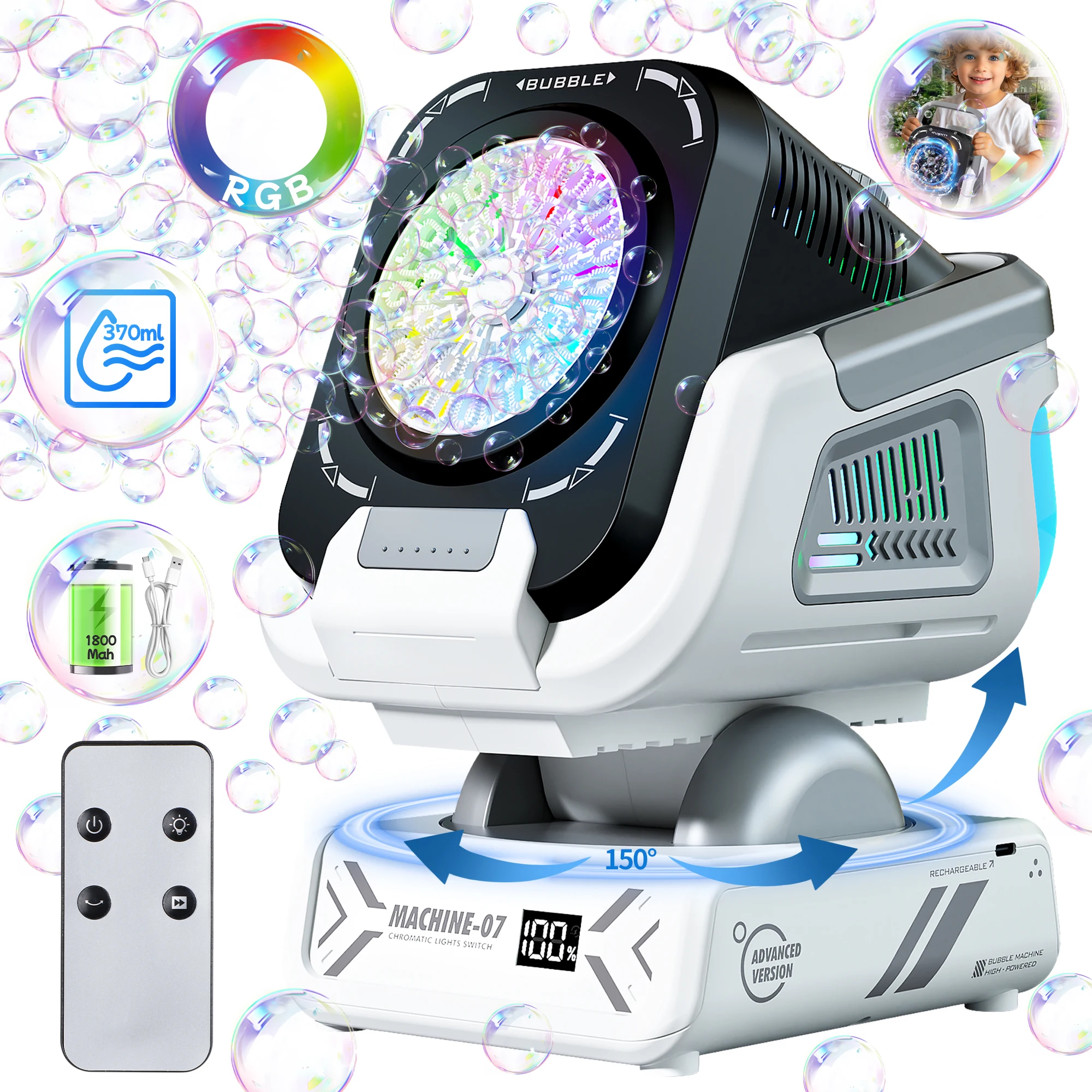 2025 Upgraded Version of the Bubble Machine with Remote Control, Automatic Rotation, and Rgb Lights, 1800Mah Rechargeable Battery, Type-C Charging, Suitable for Children, Weddings, Birthday Parties, and Outdoor Activities, Bubble Machine Without Bubble Liquid