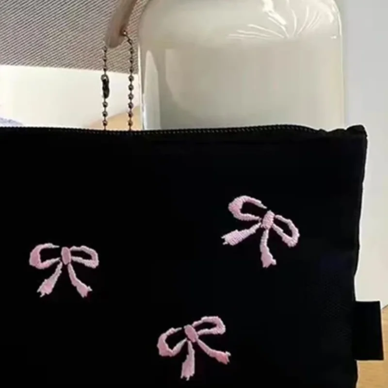 Ins Style بسيط أسود القوس مقلمة سعة كبيرة قلم رصاص حقيبة التخزين حقيبة مستحضرات التجميل منظم قرطاسية اللوازم المدرسية