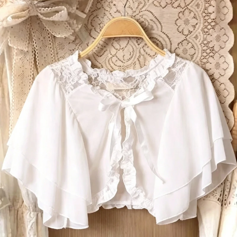 Japanese Retro Women Blouse Lace Shawl Embroidery Doll Collar Drawstring Loose Kawaii Casual All Match Ladies Shirt - view 6