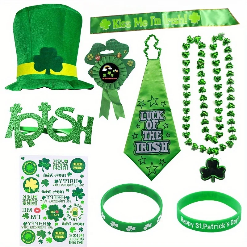 Conjunto de fantasia do Dia de São Patrício PESENAR: chapéu, gravata e acessórios xadrez verde, ideal para celebrações de feriados irlandeses