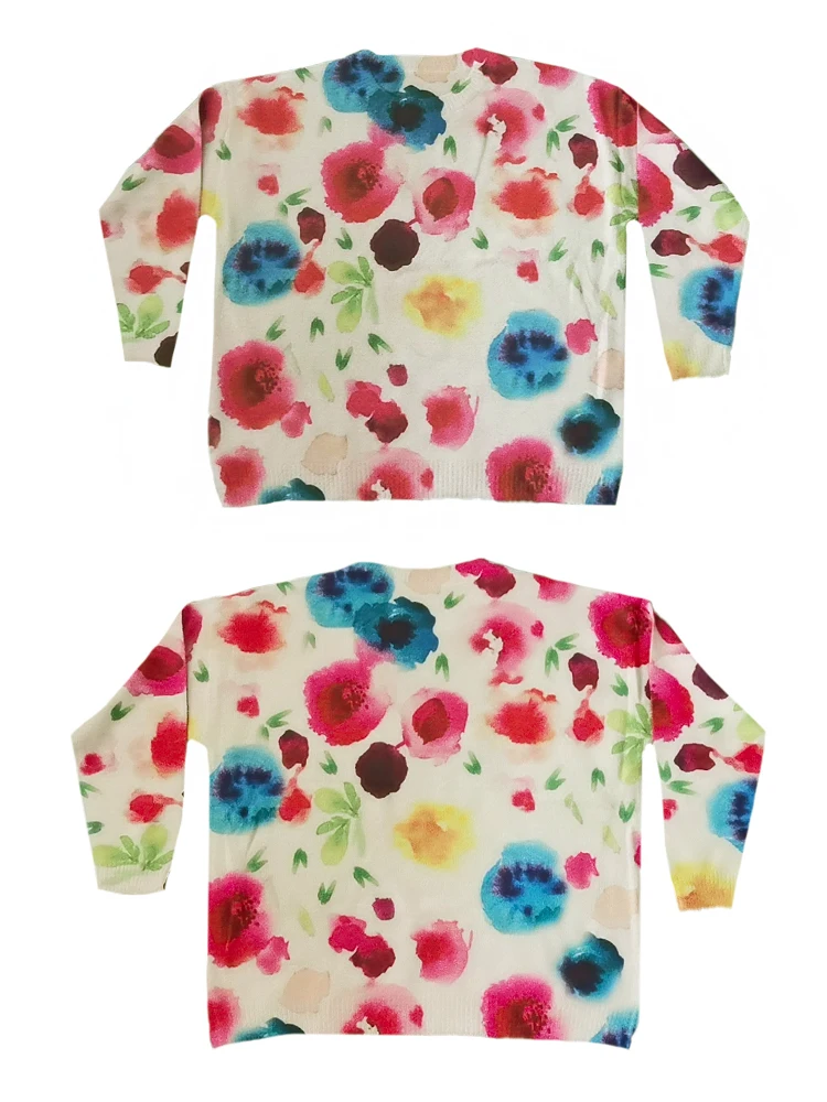 Amax luluE 2025 سترات نسائية شتوية مطبوعة فضفاضة دافئة سترات نسائية فاخرة كبيرة الحجم برقبة دائرية ملابس تريكو غير رسمية