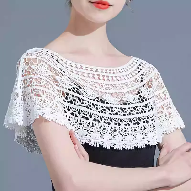 

Fashion Women White Lace Hollow Knit Shawl Hot Tassel Elegant Cape Party Wedding Summer Sun Protection Decorative Shawl