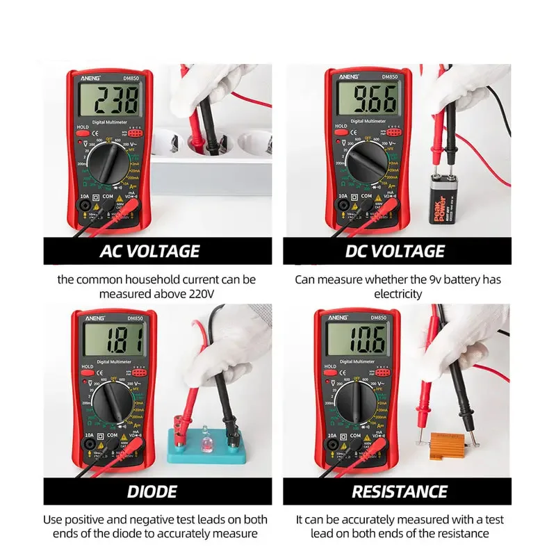 LCD Digital Multimeter AC/DC Voltage Diode Tester Current Resistance Meter Ammeter Multitester with Test Probe Professional Tool