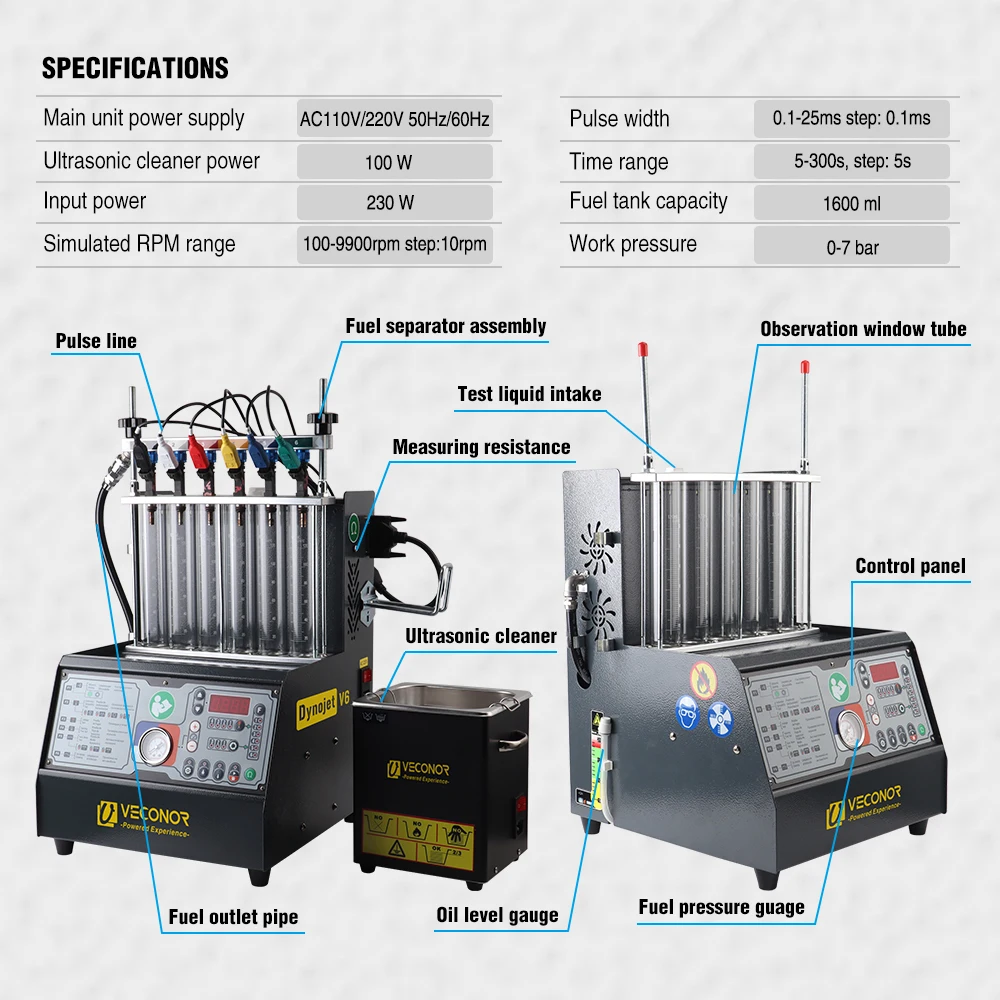 Intelligent Car Fuel Injector Cleaner & Tester Cleaning Machine Injector Ultrasonic Cleaner 6-Cylinders 110V 220V - Dynojet V6