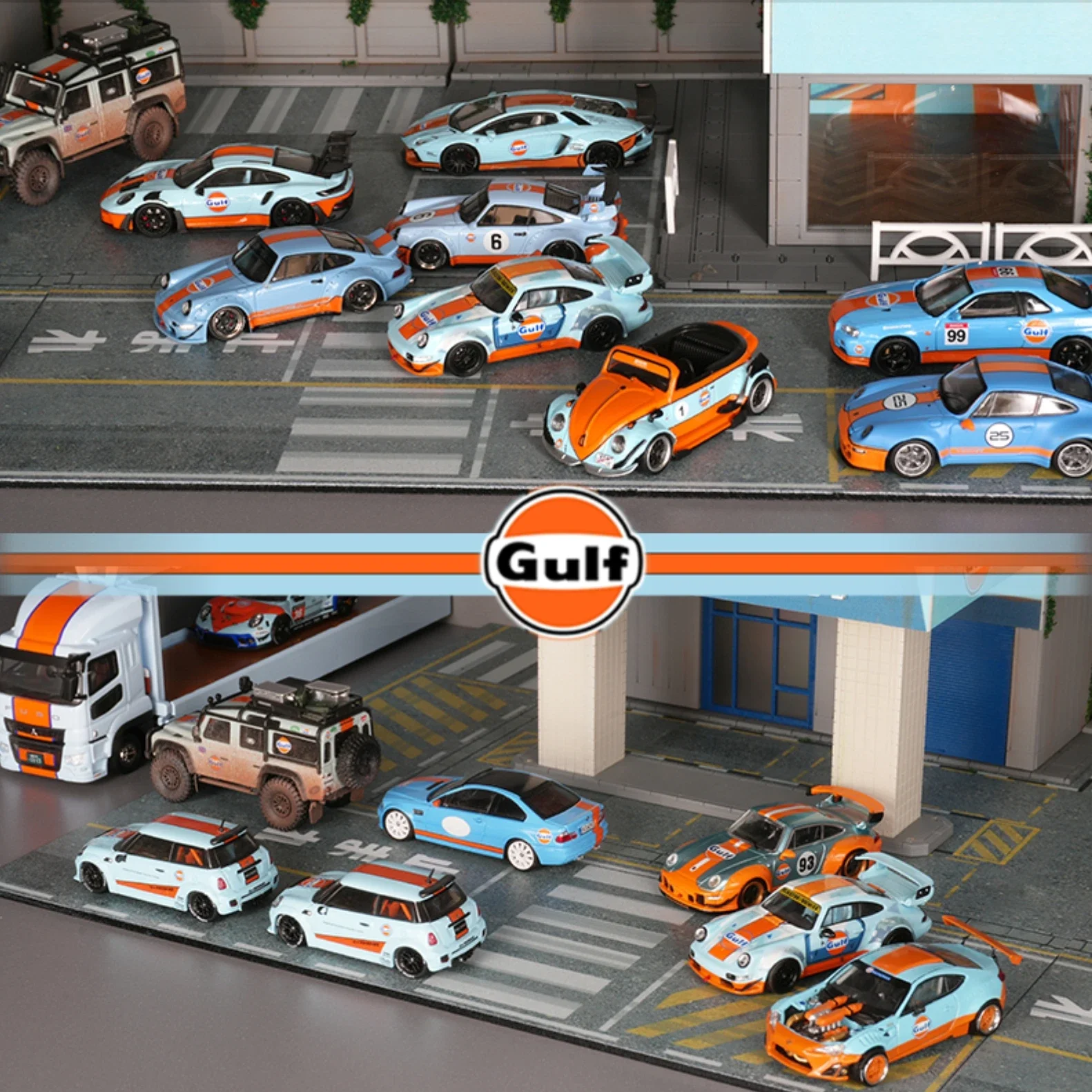 GULF متوفر 1:64 ميتسوبيشي مقطورة T1 RWB R34 E30 M3 جيتا ميني كوبر مجموعة لعبة صغيرة دييكاست نموذج سيارة #2