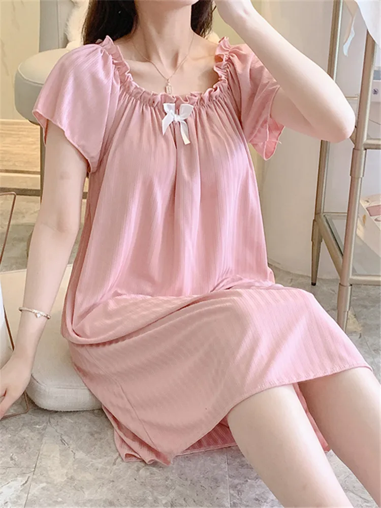 

Summer New Style Women's Short Sleeve Sleep Dress Simple Pure Color Loose Fit Student Size plus Casual Comfortable Nightgown