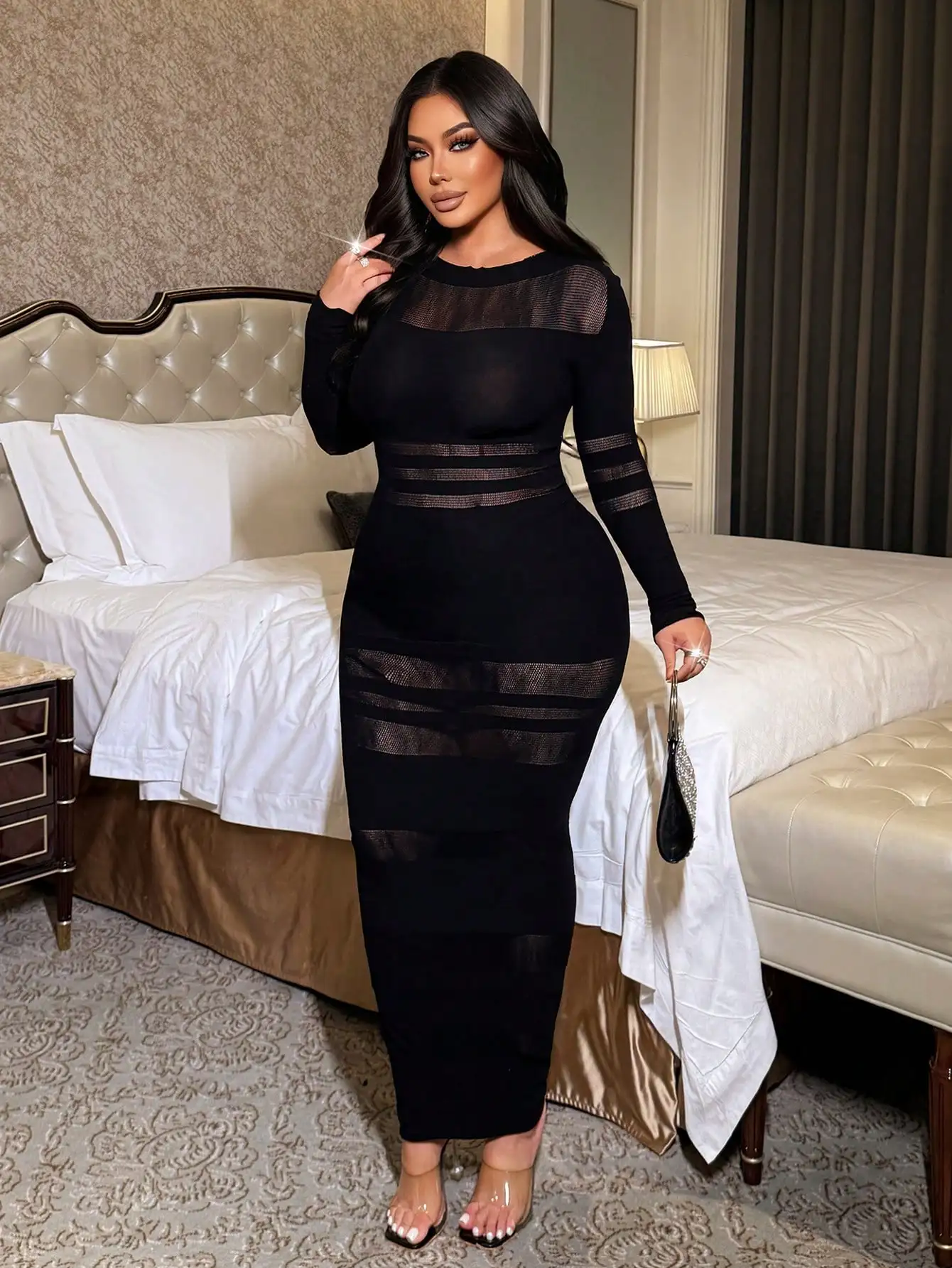 Women's Sexy Long Sleeve Midi Dress Sheer Mesh Stripe Pattern Patchwork Bodycon Party Dress Club Evening Outfit
