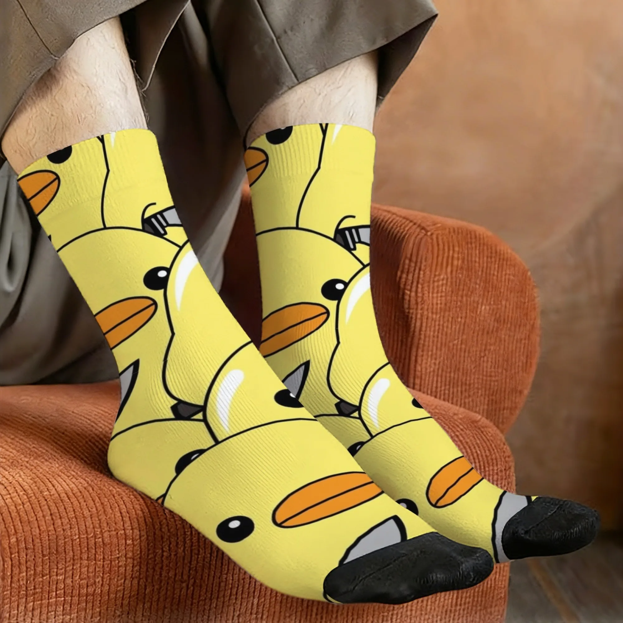 Novelty Yellow Duck Knife Print Full-Body Duck Socks Mid-Calf Length with Cute Duckies for Sports Outdoor & Casual Wear Fun Gift