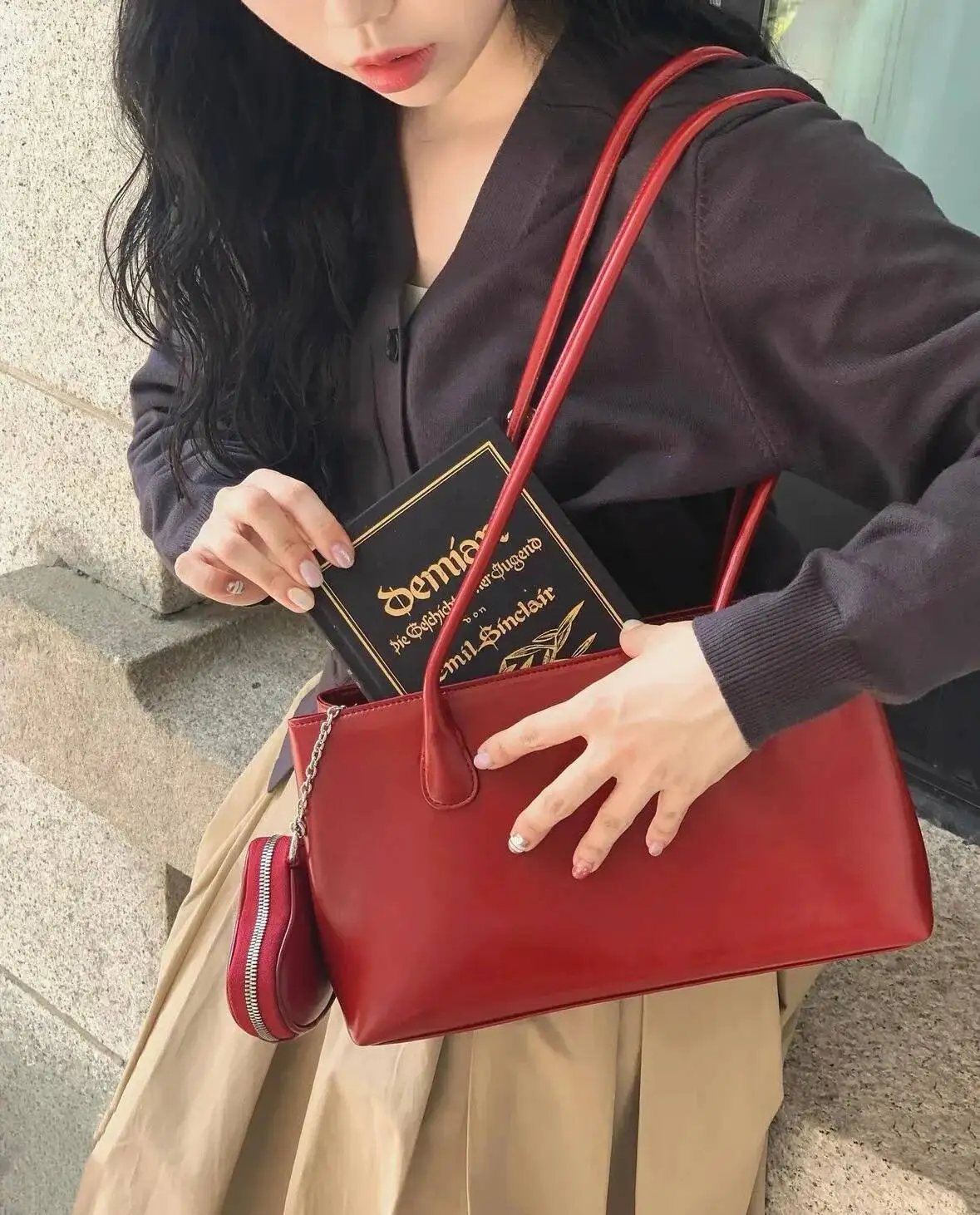 Bloom Korean Style Red Shoulder Bags Purse Women Versatile Pu Leather Y2k Handbag Ladies Large Capacity Underarm Bag 2025 New