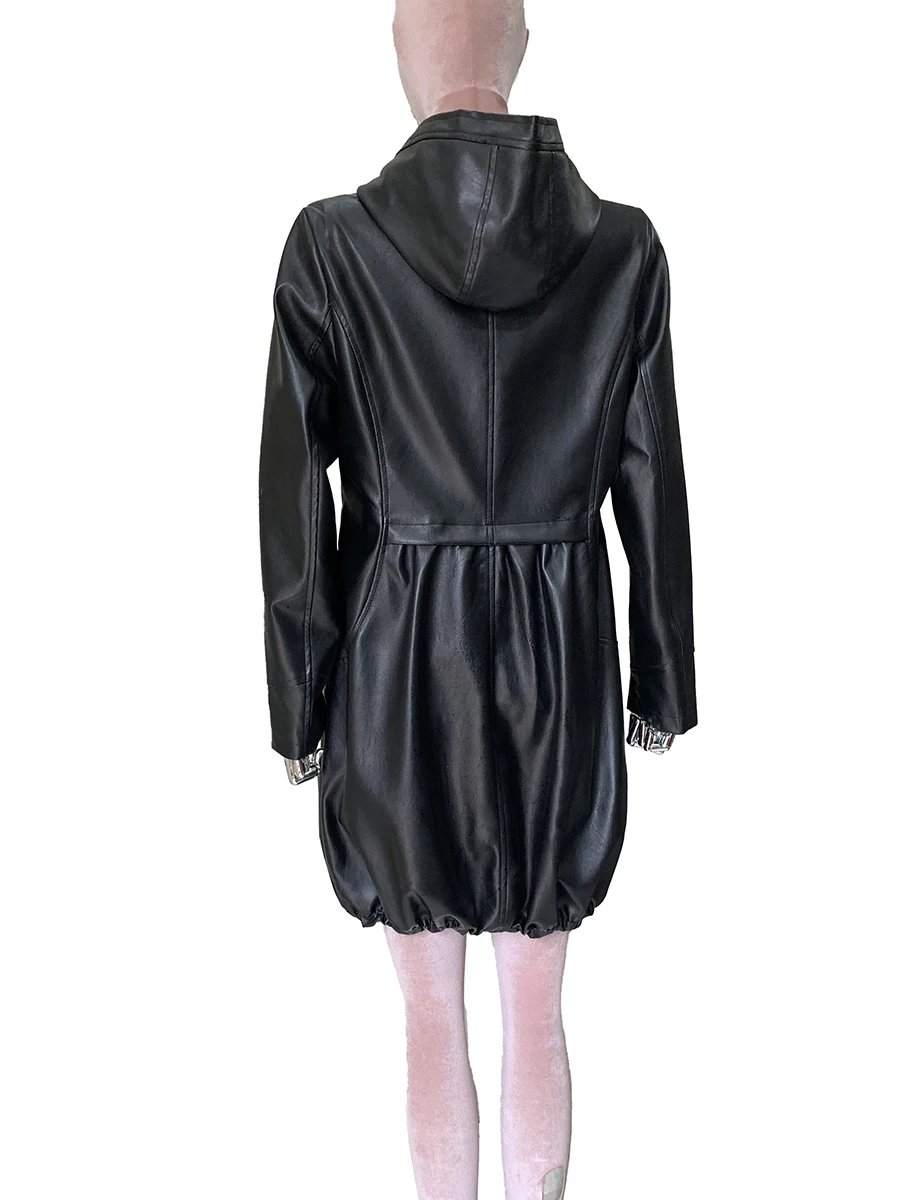 Spring Autumn Black Fitted Soft Waterproof Pu Leather Jackets for Women with Hood High Waist Elegant Luxury Chis Clothes 2025