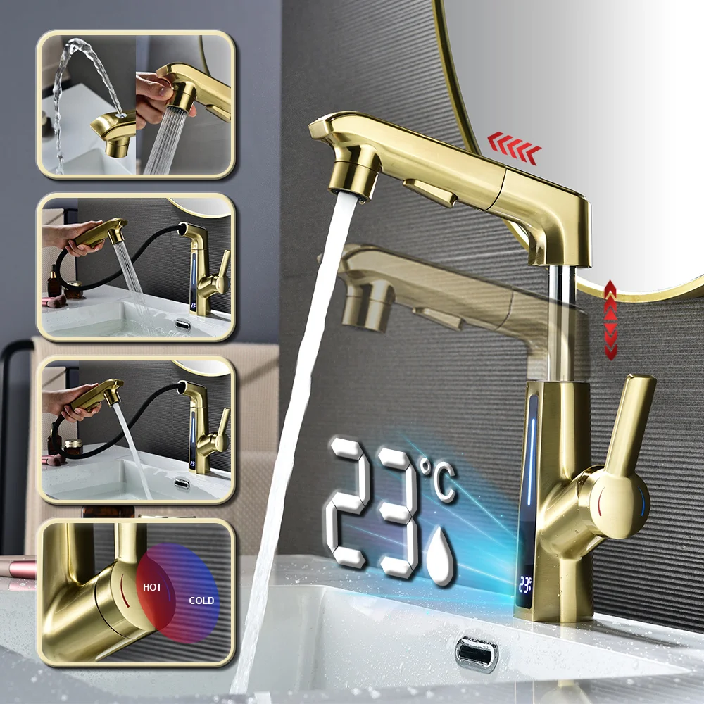 High End Smart Bathroom Faucet Luxury Digital Display Pull Out Water Faucets Brass Mixer Basin Sink Taps Vanity Washbasin Faucet