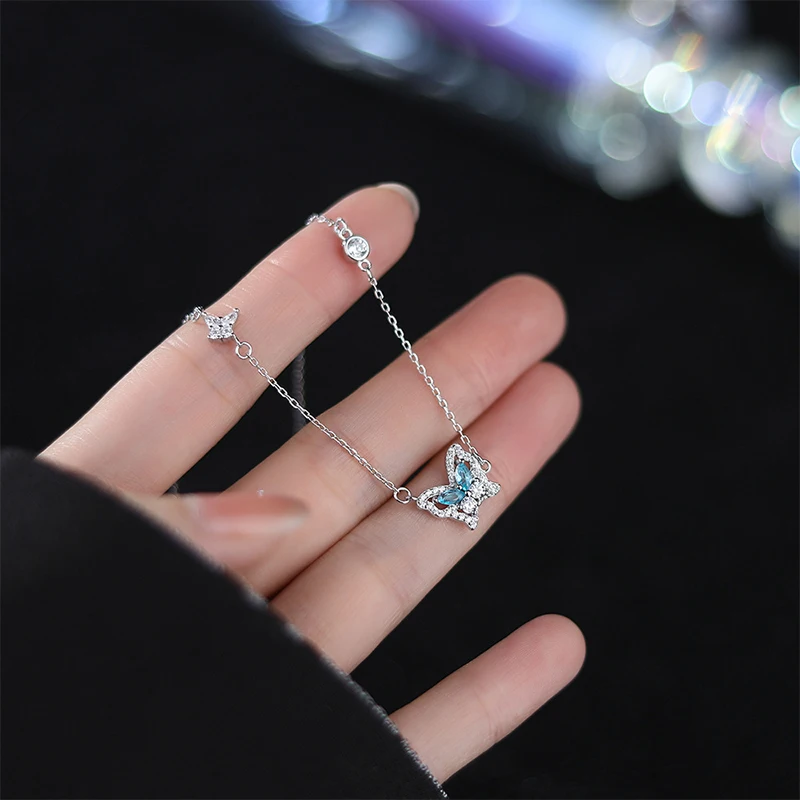 925 Sterling Silver Blue Butterfly Necklace for Women Luxury High Grade Bone Chain Versatile Pendant Jewelry Wedding Gifts