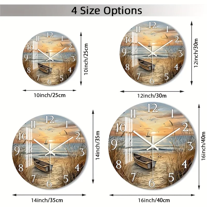 [2D Flat Wall Clock] 1pc 2D Flat Wall Clock Non-Ticking Wooden, Circular Clock HD Glossy Lamination Finish Serene Coastal Sunset with Boat Design for Bedroom, Dining Room, Entryway, Lounge, Reading Corner 10