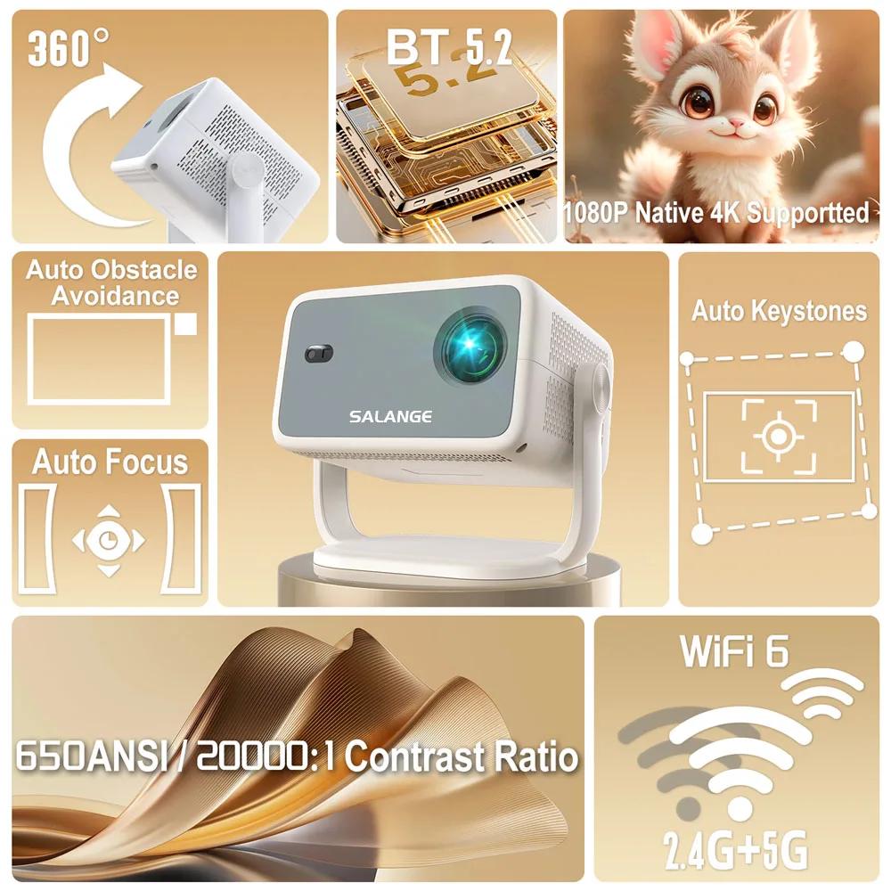 Salange P350 Projector Native 1080P 650ANSI Android13 Wifi6 BT5.2 Allwinner H713 4K Outdoor Projectors Auto Keystone Focus