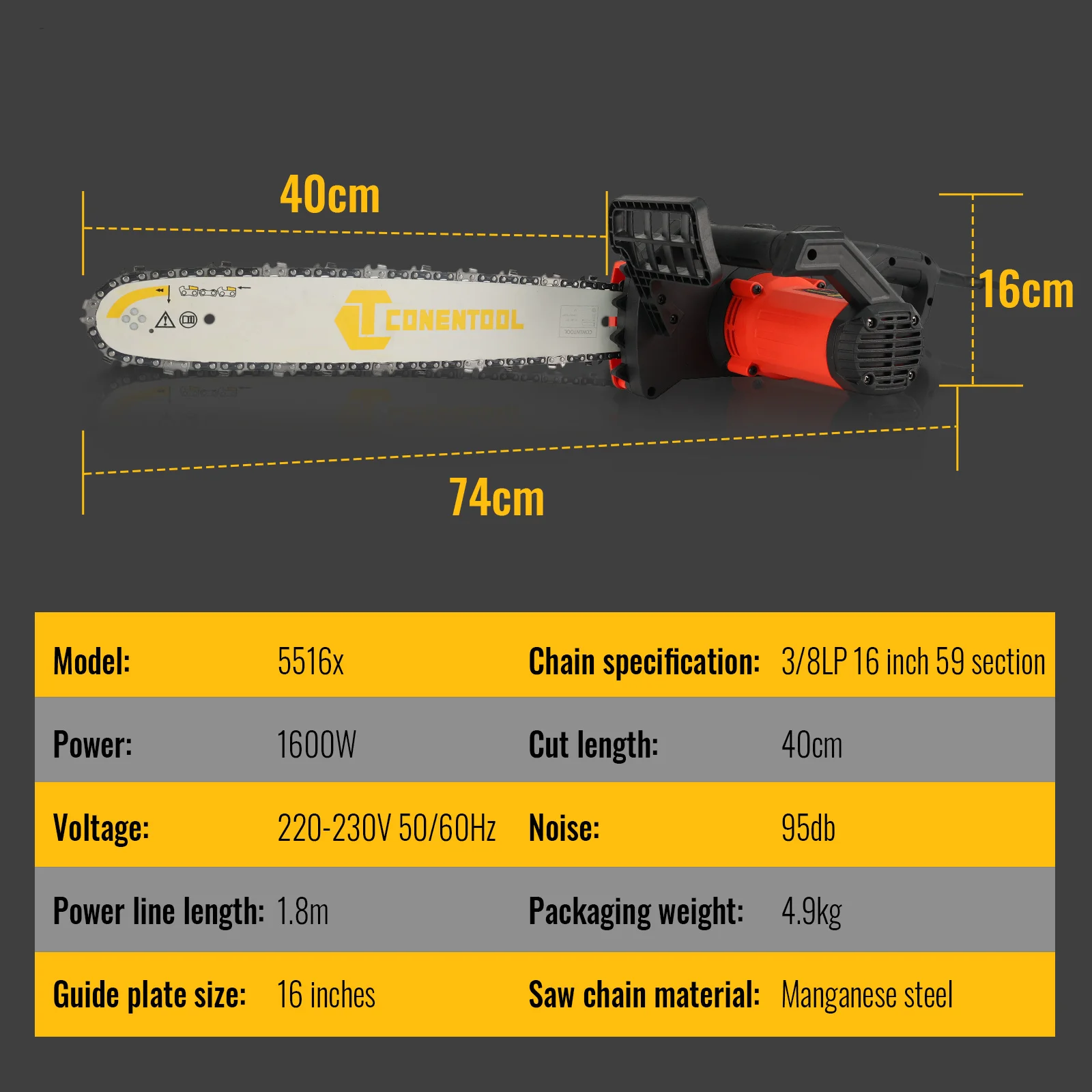 Elektryczna piła łańcuchowa CONENTOOL 16 cali, przewodowa piła łańcuchowa 1600 W, ręczne narzędzie do przycinania drewna o dużej mocy z silnikiem
