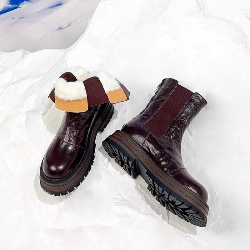 

Повседневные ботинки челси из натуральной кожи ручной работы на толстой подошве, женские ботильоны из овечьего волоса, женская обувь, модные шерстяные зимние ботинки