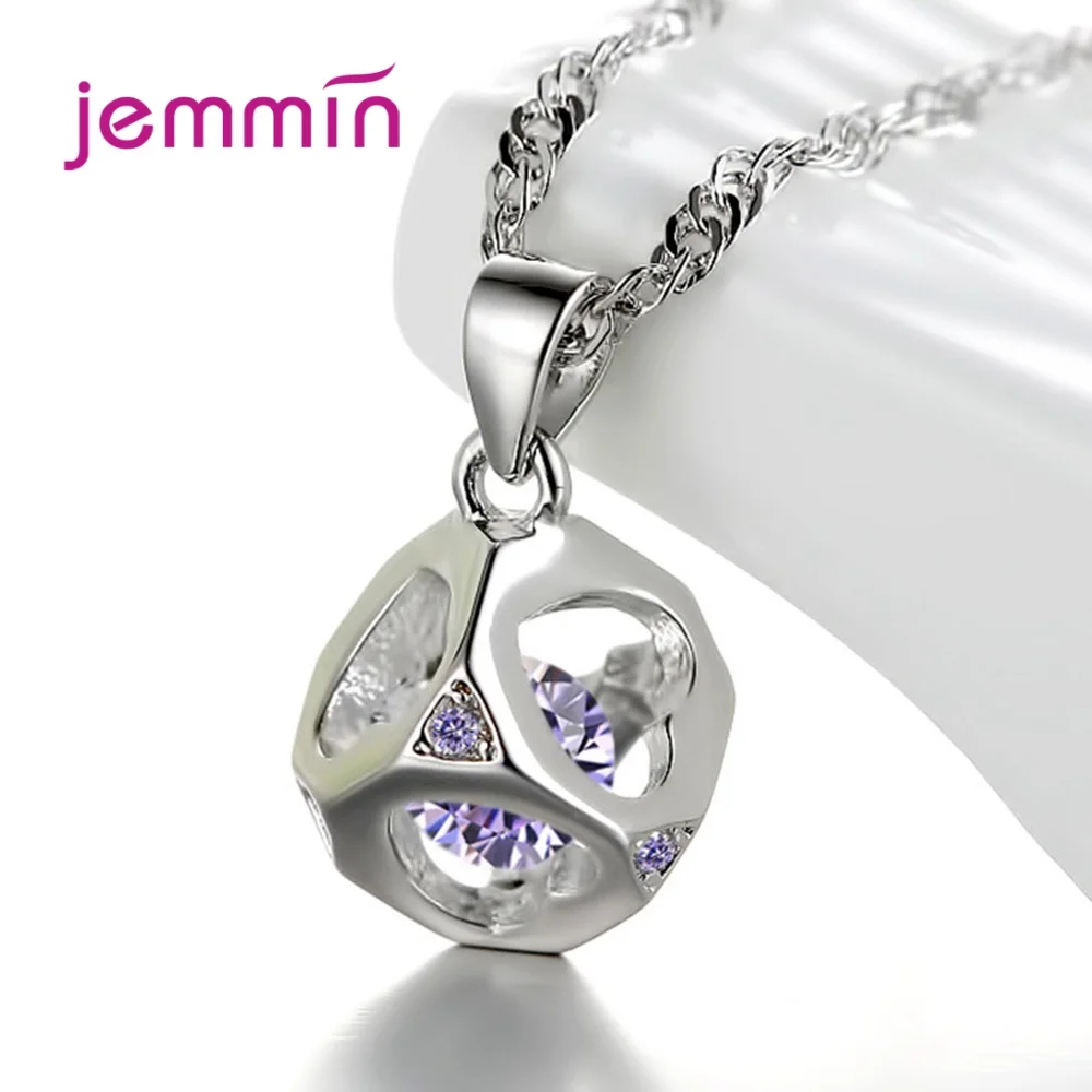 Real 925 Sterling Silver Geometric Hollow Crystal Zircon Pendant Necklaces for Women Girls Wedding Party Fashion Jewelry Gifts