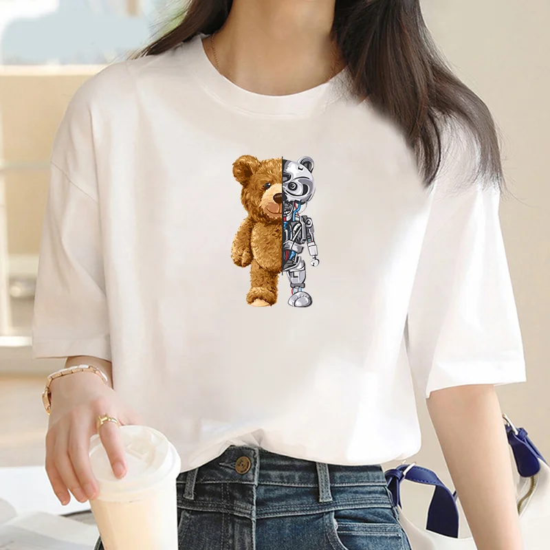 Funny Teddy Bear Robot Tshirt Robotic Bear Men Short Sleeve Fashion Casual Clothing Summer Cotton Tees Oversized Street T-Shirts