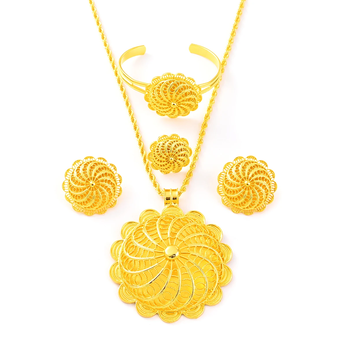 Golden Color Ethiopian Jewelry Sets Very Big Pendant Earrings Rings Bangle African Eritrean Wedding Engagement Habesha Ethnic