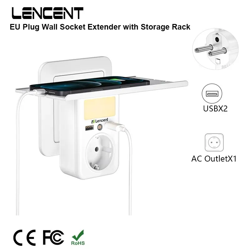 LENCENT EU Plug Wall Socket with 1 AC Outlet 2USB Ports Wall Charger Adapter with Rack Adjustable Nigh Light for Home/Office