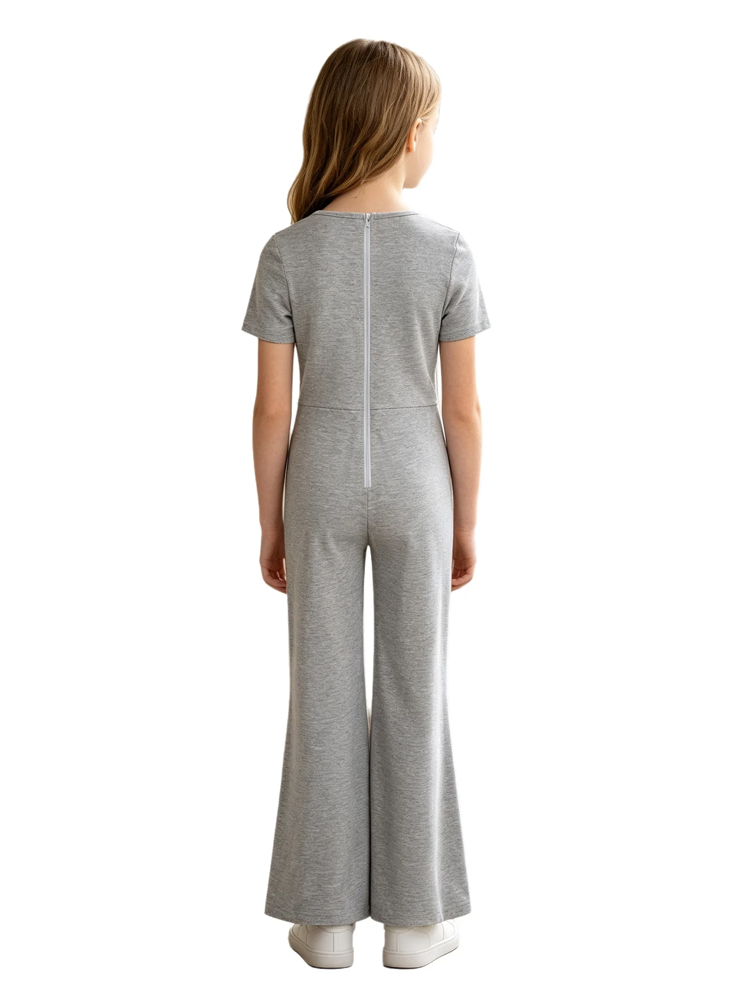 Jumpsuit Lengan Pendek Anti Lepas untuk Anak Perempuan, dengan Ritsleting Belakang Tak Terlihat dan Model Bell Bottom, untuk Perawatan Kebutuhan Khusus