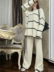 REALEFT 2024 Autumn Winter 2 Pieces Women's Oufit Suits Knitted Tracksuit Striped Sweater and Wide Leg Jogging Pants Female Sets