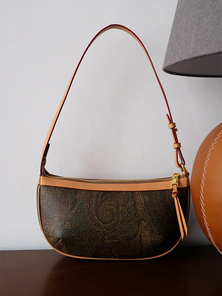 Vintage Printed Zip Up Shoulder Bag Elegant All-match Commuter Hobos Women Handbags 2024 New Fashion Minority Designer Bolsos