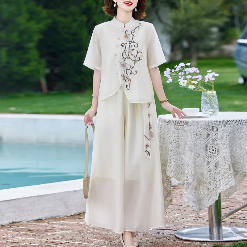 New Chinese Style Women's Sets 2026 Summer New Fashion Casual Cotton Linen Top Wide-leg Pants Two-piece Suits Mother Outfits 5XL