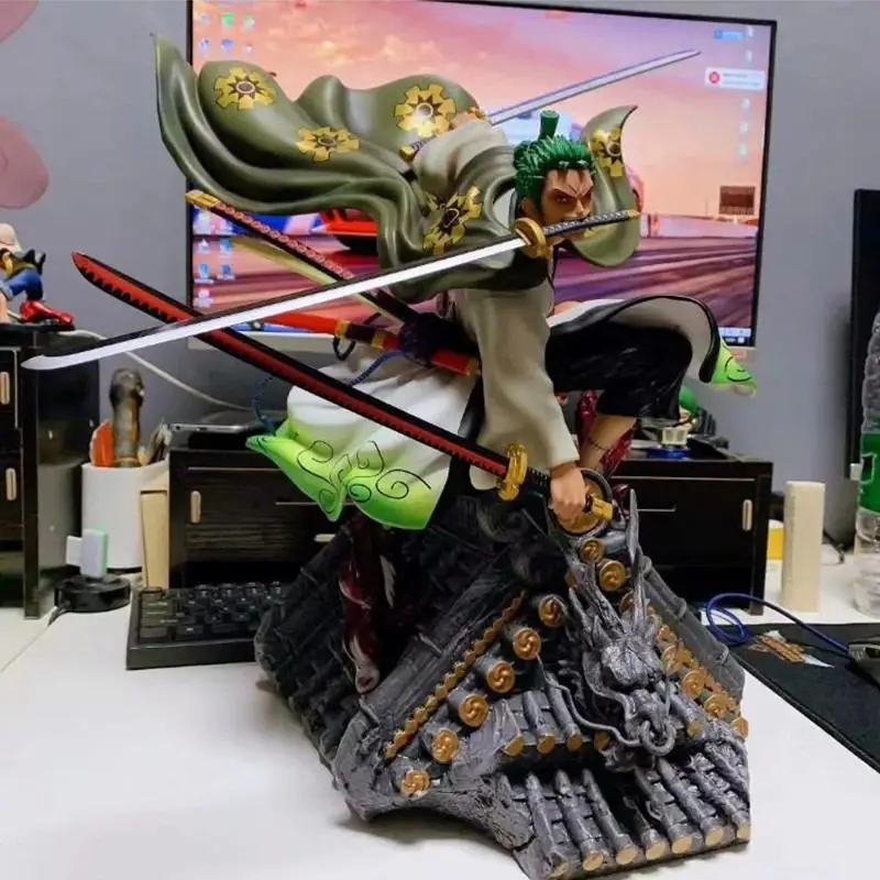 45cm One Piece Action Figure Anime Figure Gk Roof Kimono Roronoa Zoro Three-knife Fighting Skill Anime Decorations Model Gift